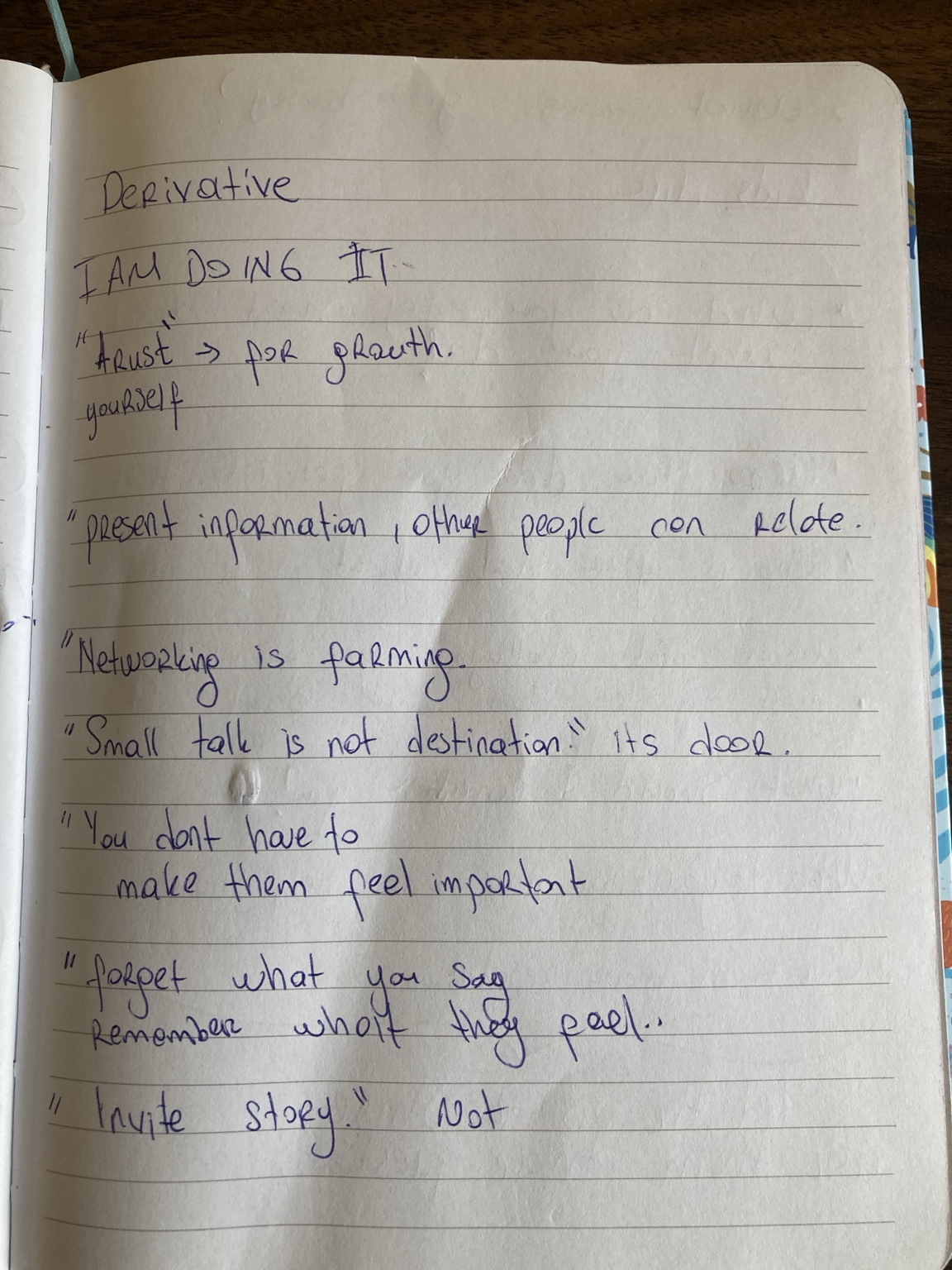 Handwritten notebook notes about derivatives, trust, growth, and moving from intention to action.